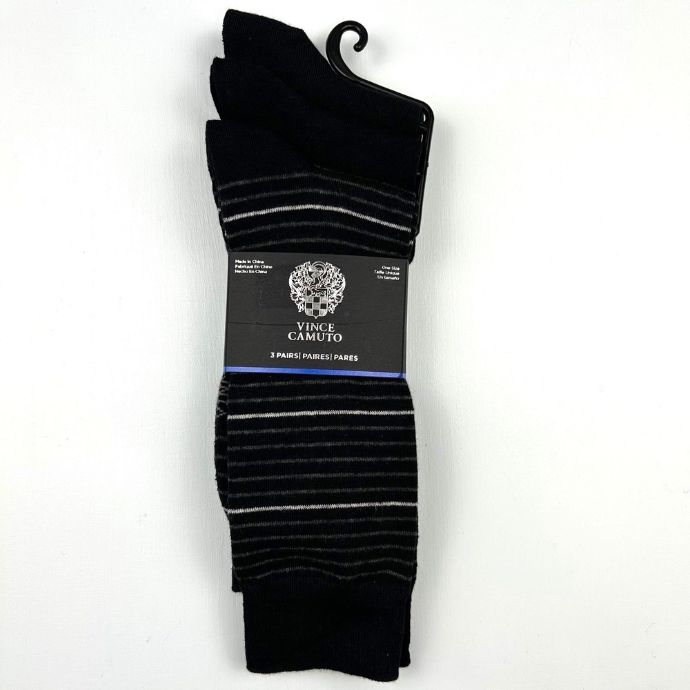 Vince Camuto Mens‎ 3 Pack Crew Socks Black Striped Solid 43VC502505TD-BLK OS